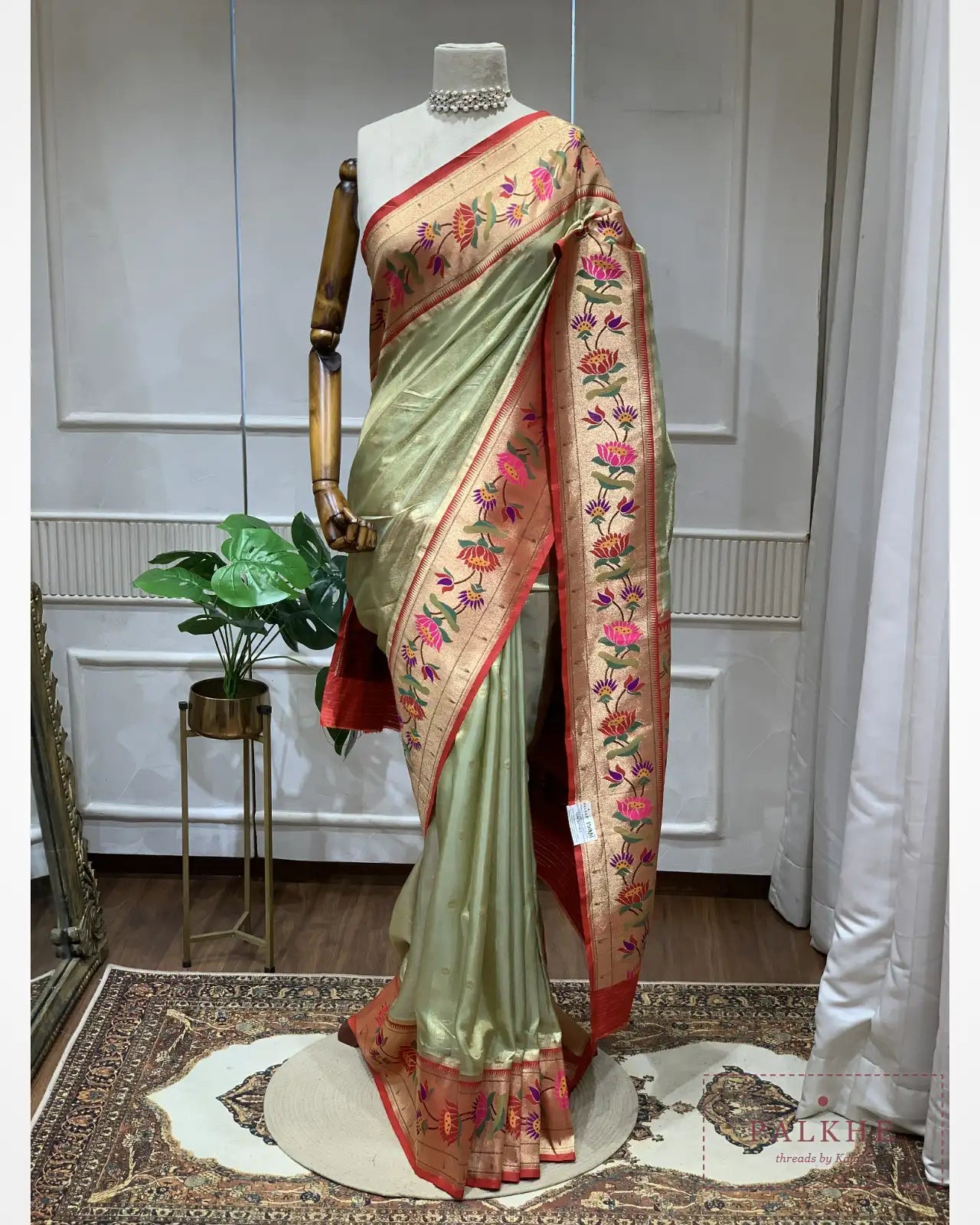 Pista Green Paithani Butti in Tissue Silk
