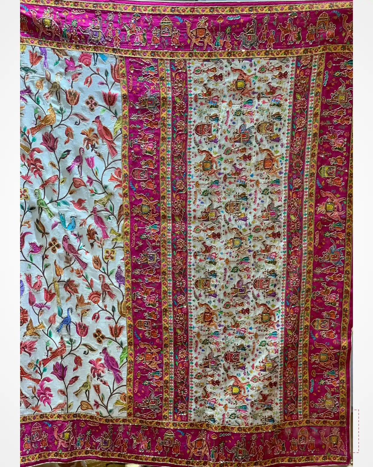 Ivory Bird Motifs Silk Pashmina x Hand Embroidery