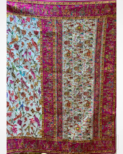 Ivory Bird Motifs Silk Pashmina x Hand Embroidery