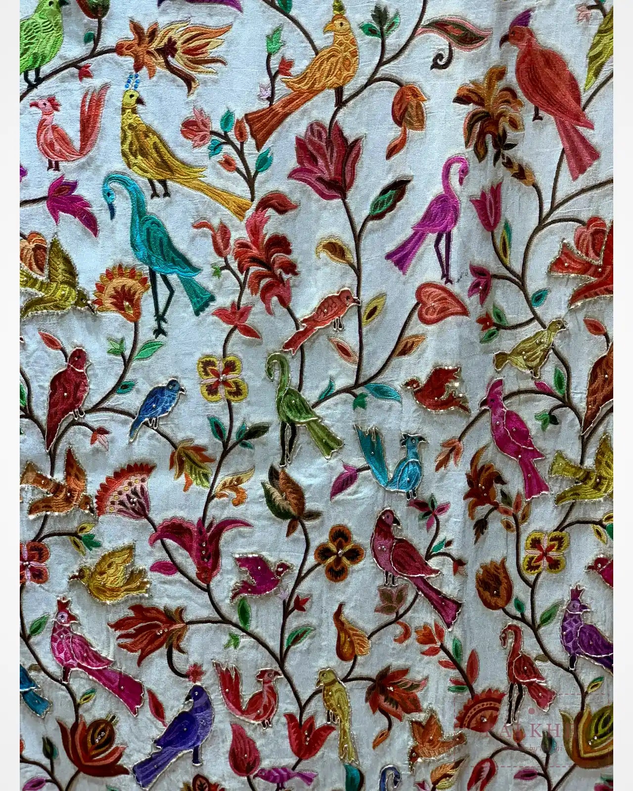 Ivory Bird Motifs Silk Pashmina x Hand Embroidery