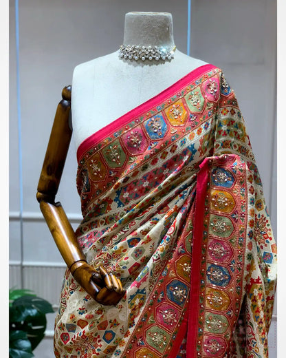 Cream Meenakari Pashmina x Hand Embroidery
