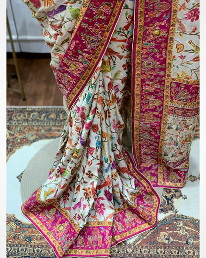 Ivory Bird Motifs Silk Pashmina x Hand Embroidery