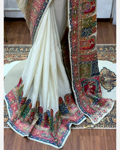 Off-White Crepe Silk Pashmina x Hand Embroidery