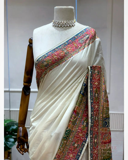 Off-White Crepe Silk Pashmina x Hand Embroidery