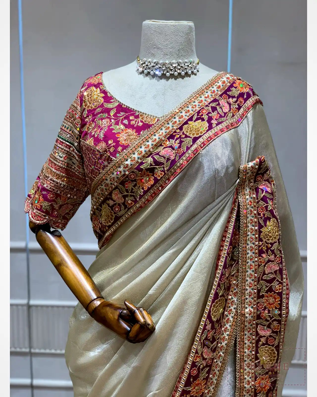 Gold Tissue Silk Pashmina x Hand Embroidery