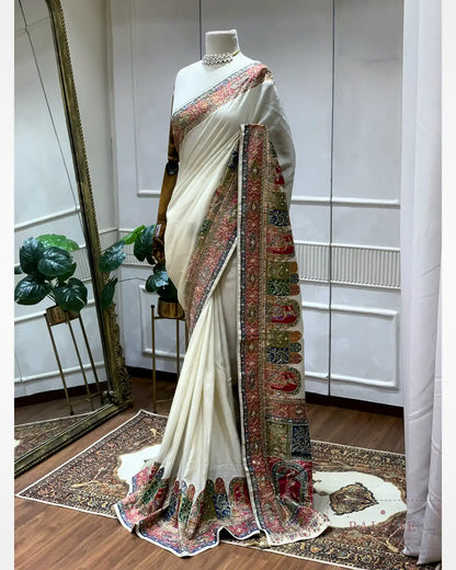 Off-White Crepe Silk Pashmina x Hand Embroidery