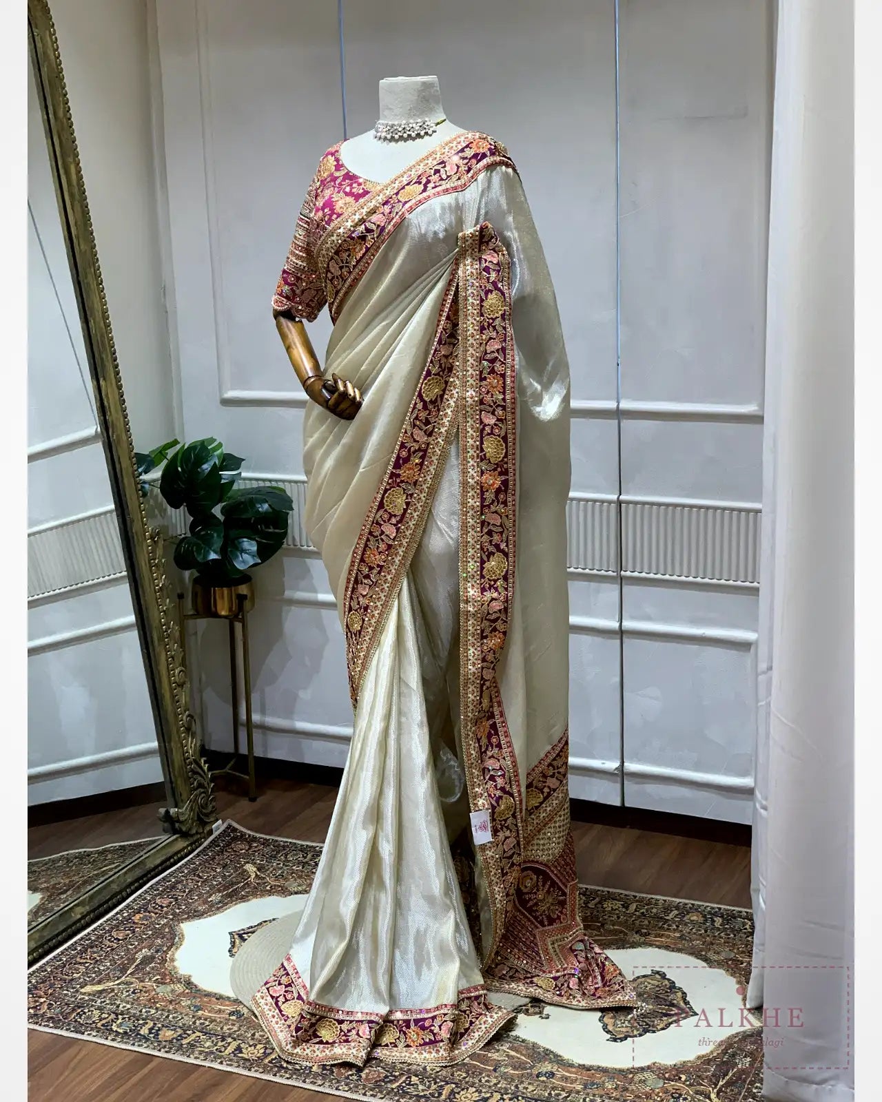 Gold Tissue Silk Pashmina x Hand Embroidery