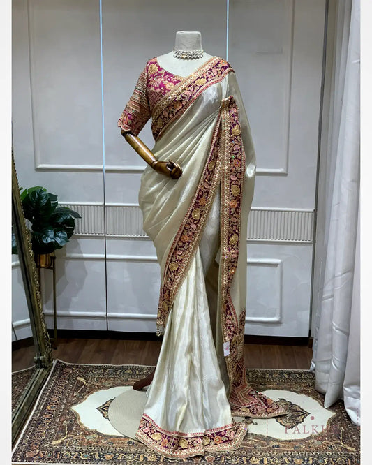 Gold Tissue Silk Pashmina x Hand Embroidery