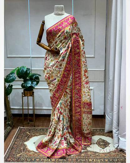 Ivory Bird Motifs Silk Pashmina x Hand Embroidery
