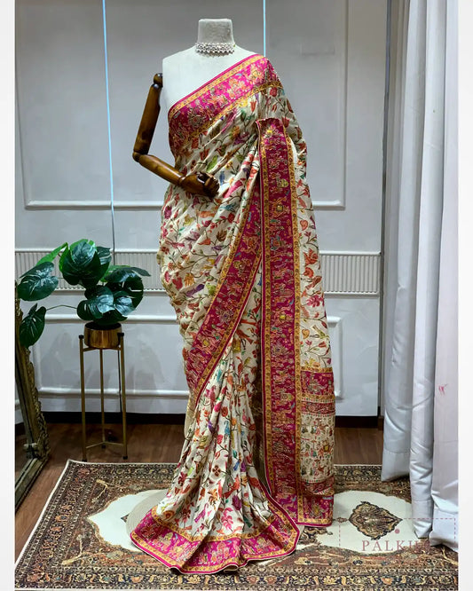Ivory Bird Motifs Silk Pashmina x Hand Embroidery