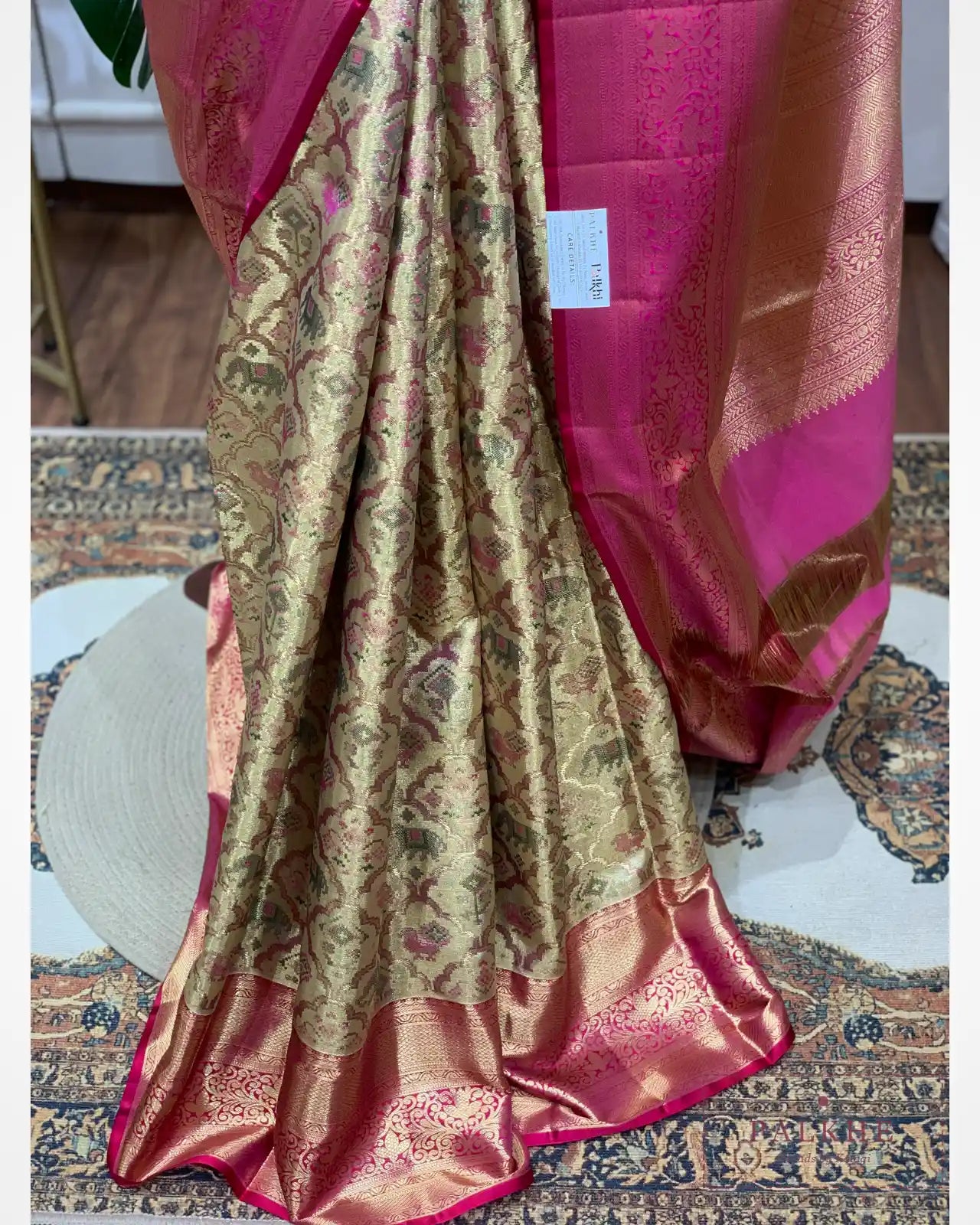 Ornate Gold Kanjivaram Animal Motifs in Tissue Brocade Silk