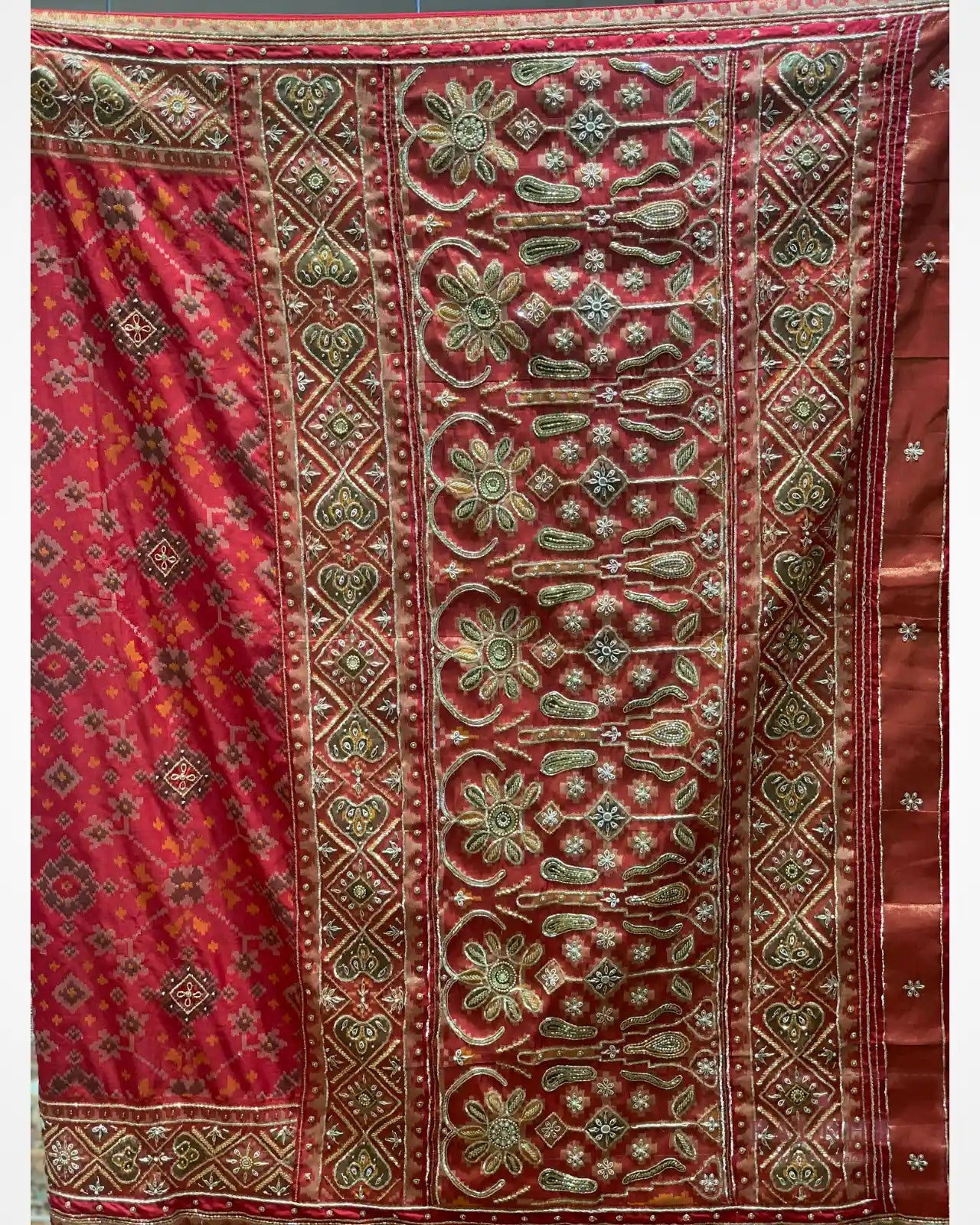 Red Geometric Pure Silk Patola x Hand Embroidery