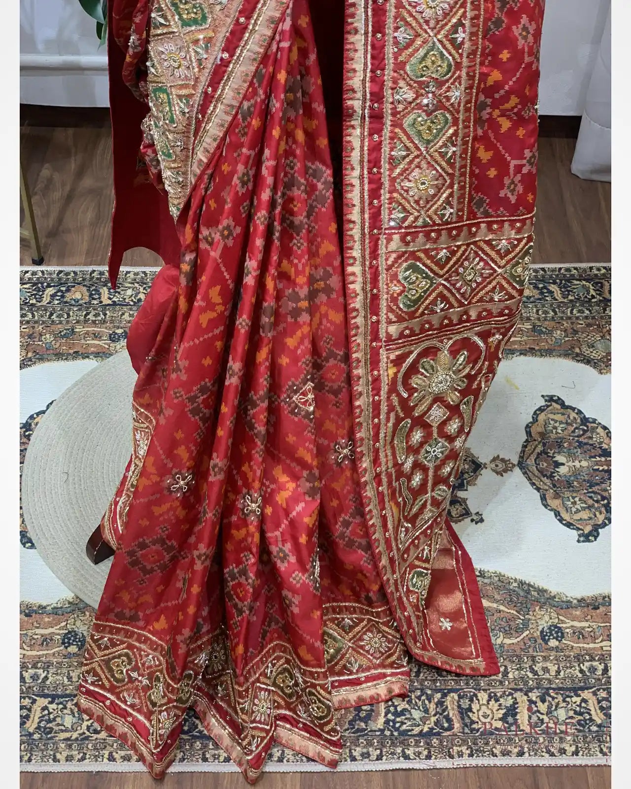 Red Geometric Pure Silk Patola x Hand Embroidery