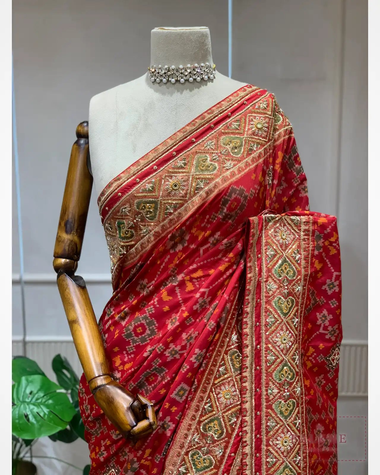 Red Geometric Pure Silk Patola x Hand Embroidery