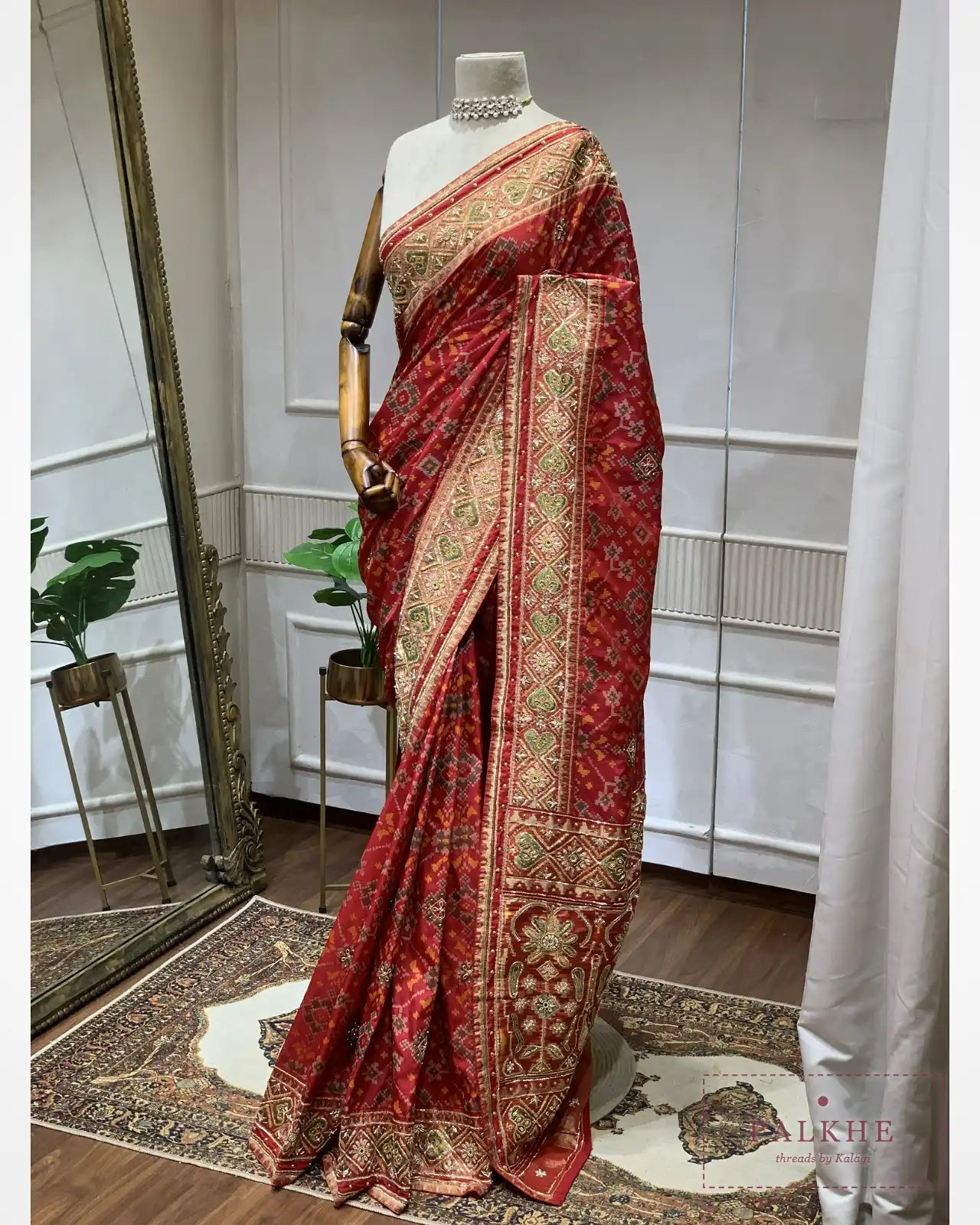 Red Geometric Pure Silk Patola x Hand Embroidery