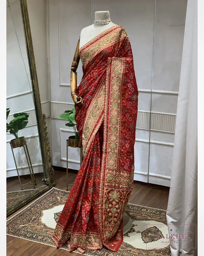 Red Geometric Pure Silk Patola x Hand Embroidery