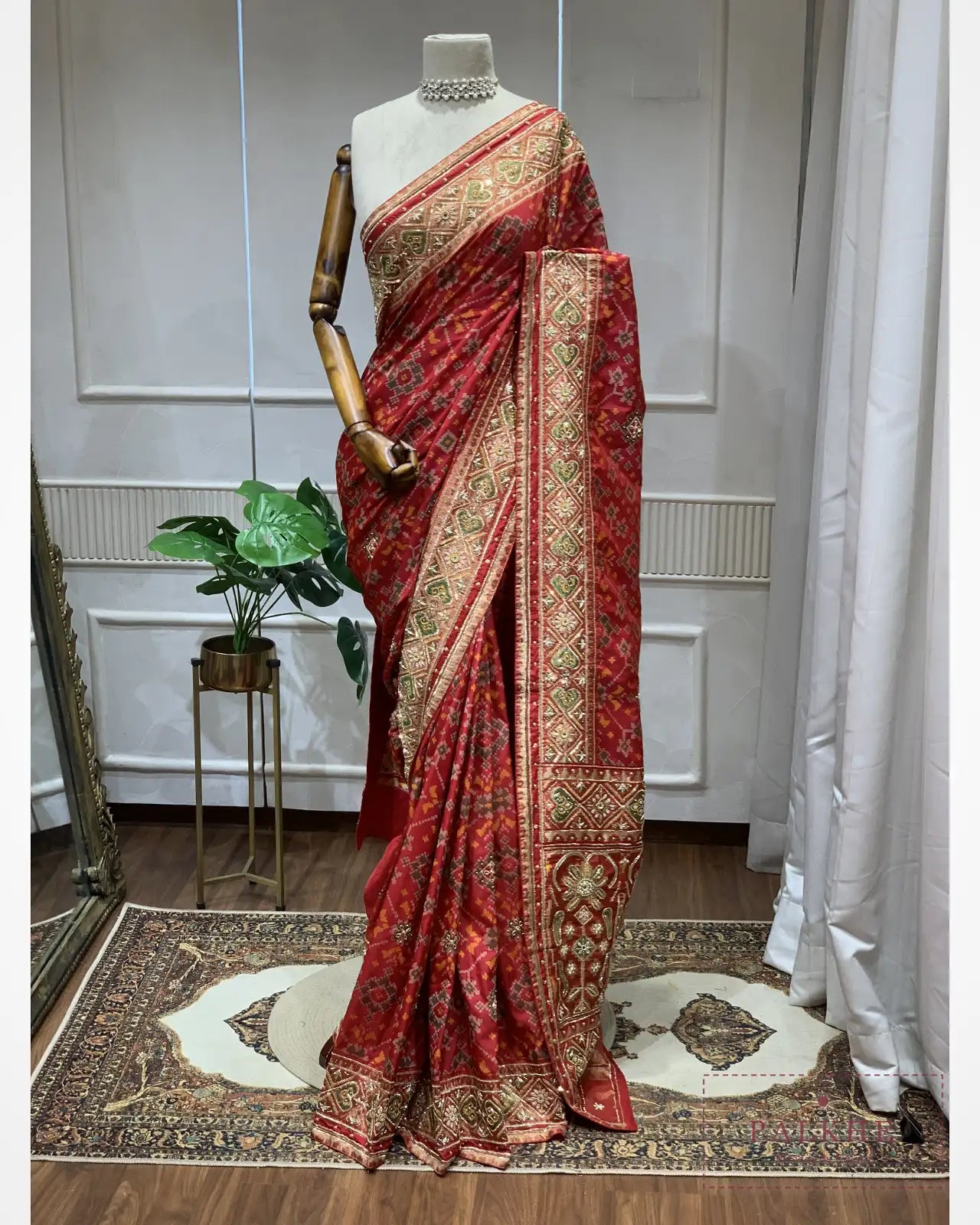 Red Geometric Pure Silk Patola x Hand Embroidery