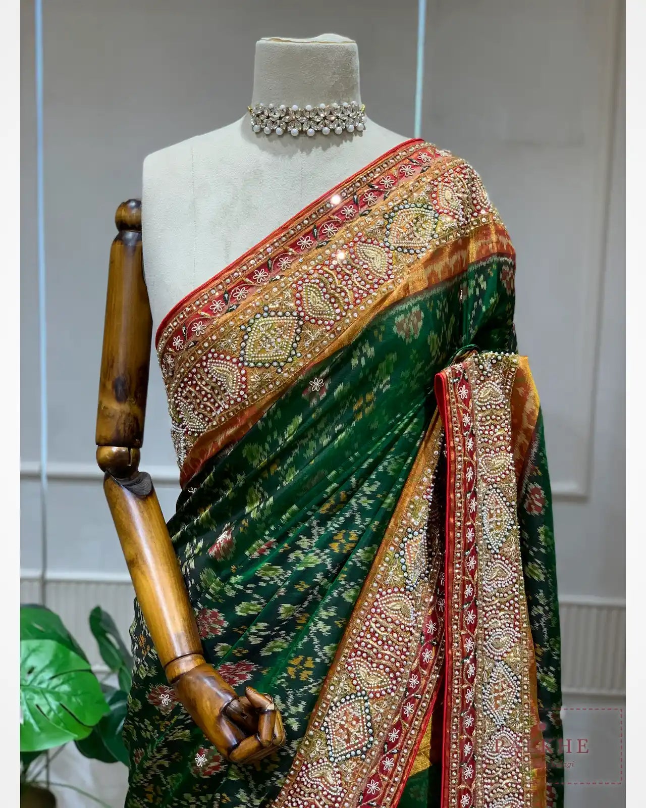 Bottle Green Pure Silk Patola x Hand Embroidery