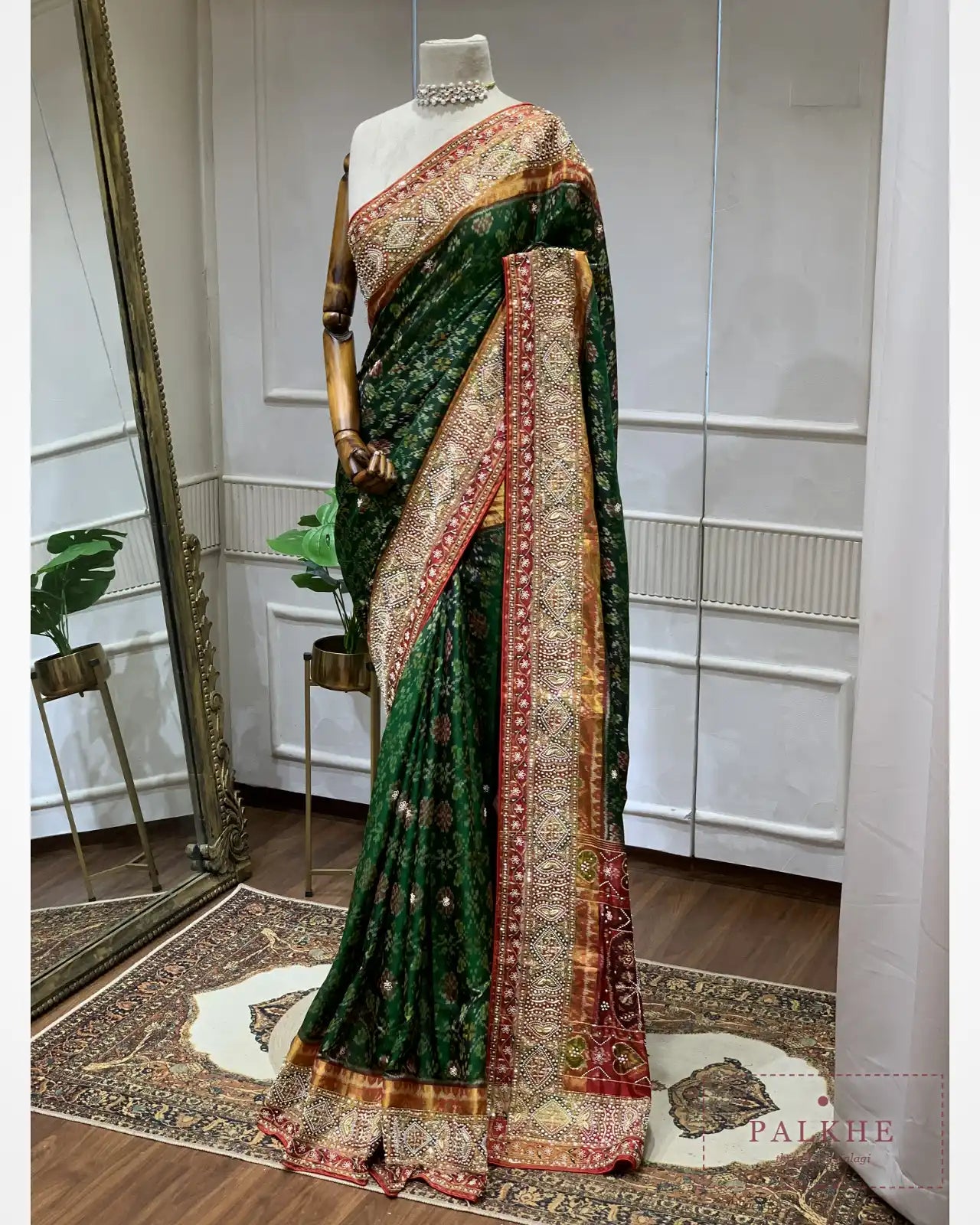 Bottle Green Pure Silk Patola x Hand Embroidery