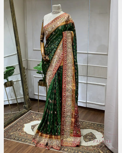 Bottle Green Pure Silk Patola x Hand Embroidery