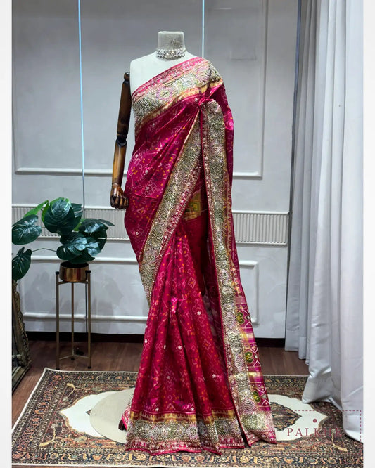 Rani Pink Rajkoti Patola x Hand Embroidery