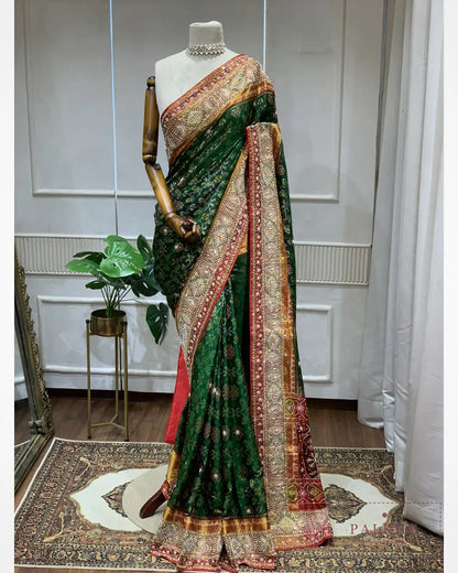 Bottle Green Pure Silk Patola x Hand Embroidery