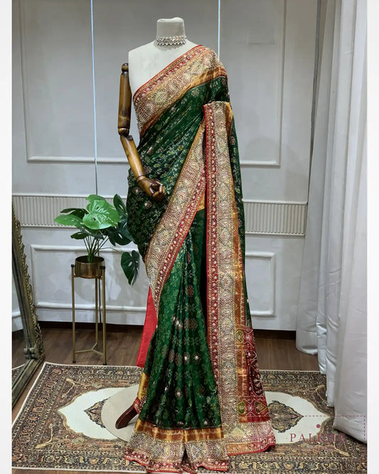 Bottle Green Pure Silk Patola x Hand Embroidery