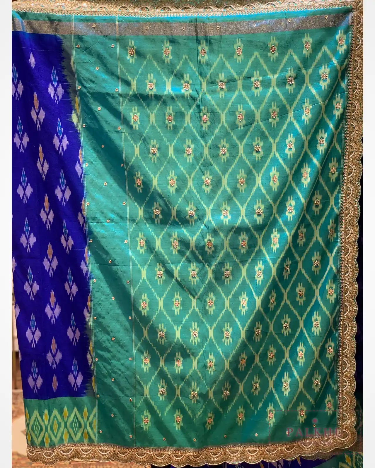Royal Blue & Rama Green Pure Pochampally Patola x Hand Embroidery