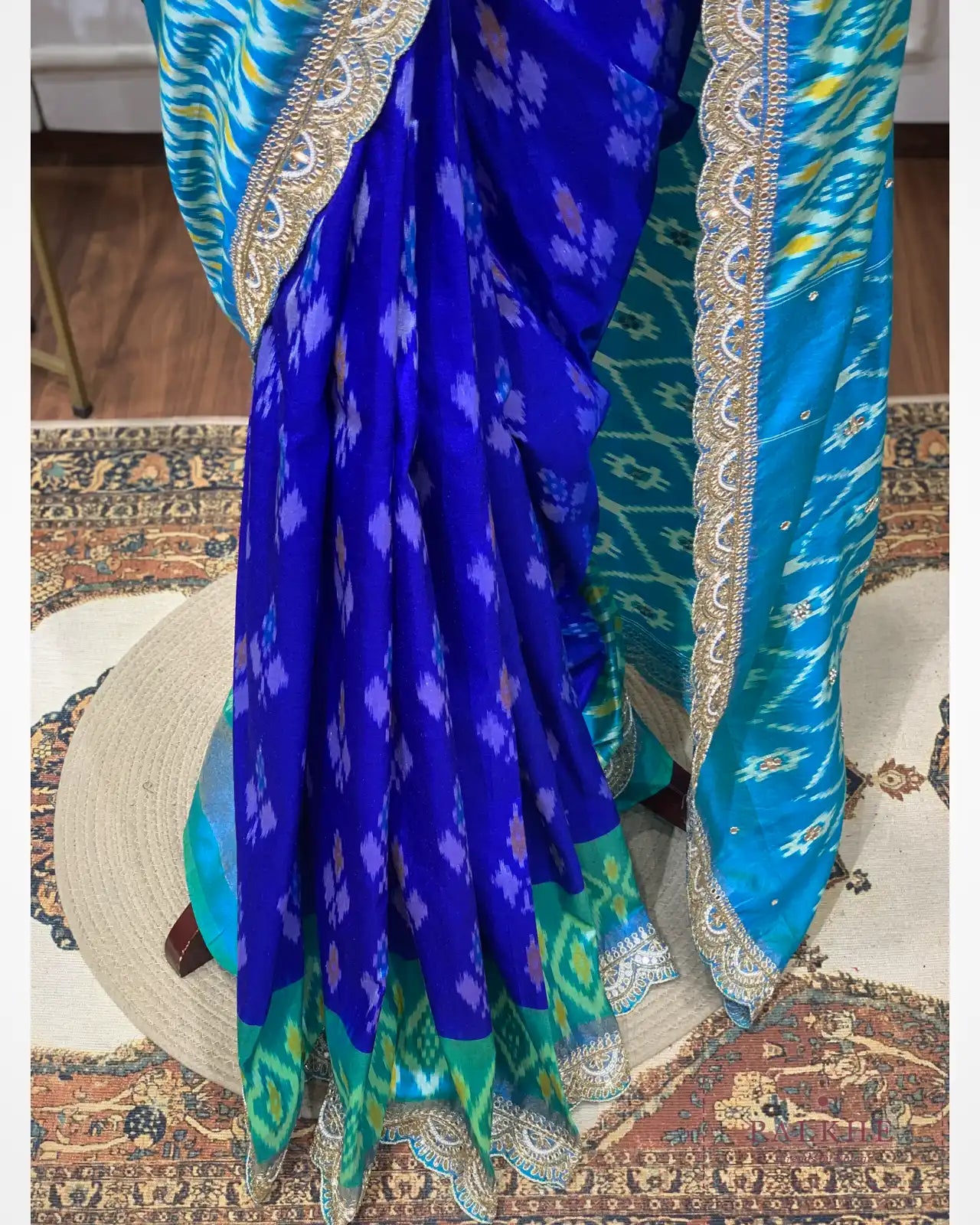 Royal Blue & Rama Green Pure Pochampally Patola x Hand Embroidery