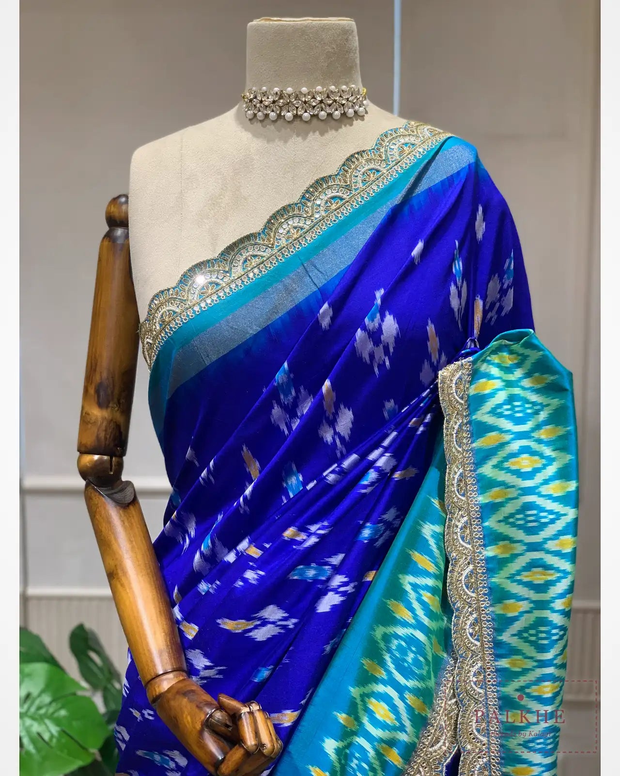 Royal Blue & Rama Green Pure Pochampally Patola x Hand Embroidery