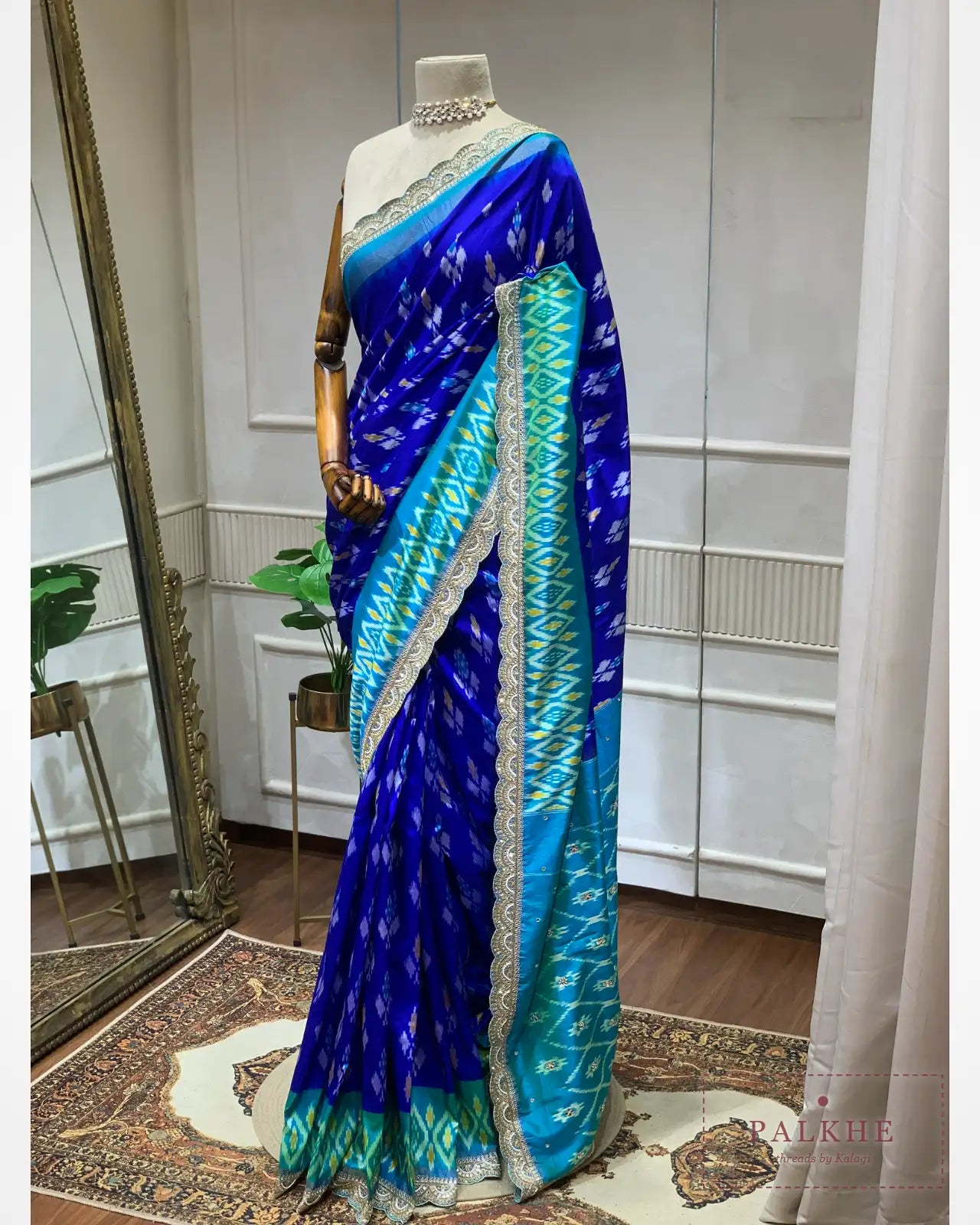 Royal Blue & Rama Green Pure Pochampally Patola x Hand Embroidery