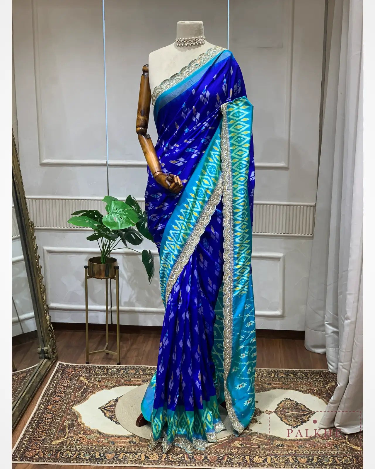 Royal Blue & Rama Green Pure Pochampally Patola x Hand Embroidery
