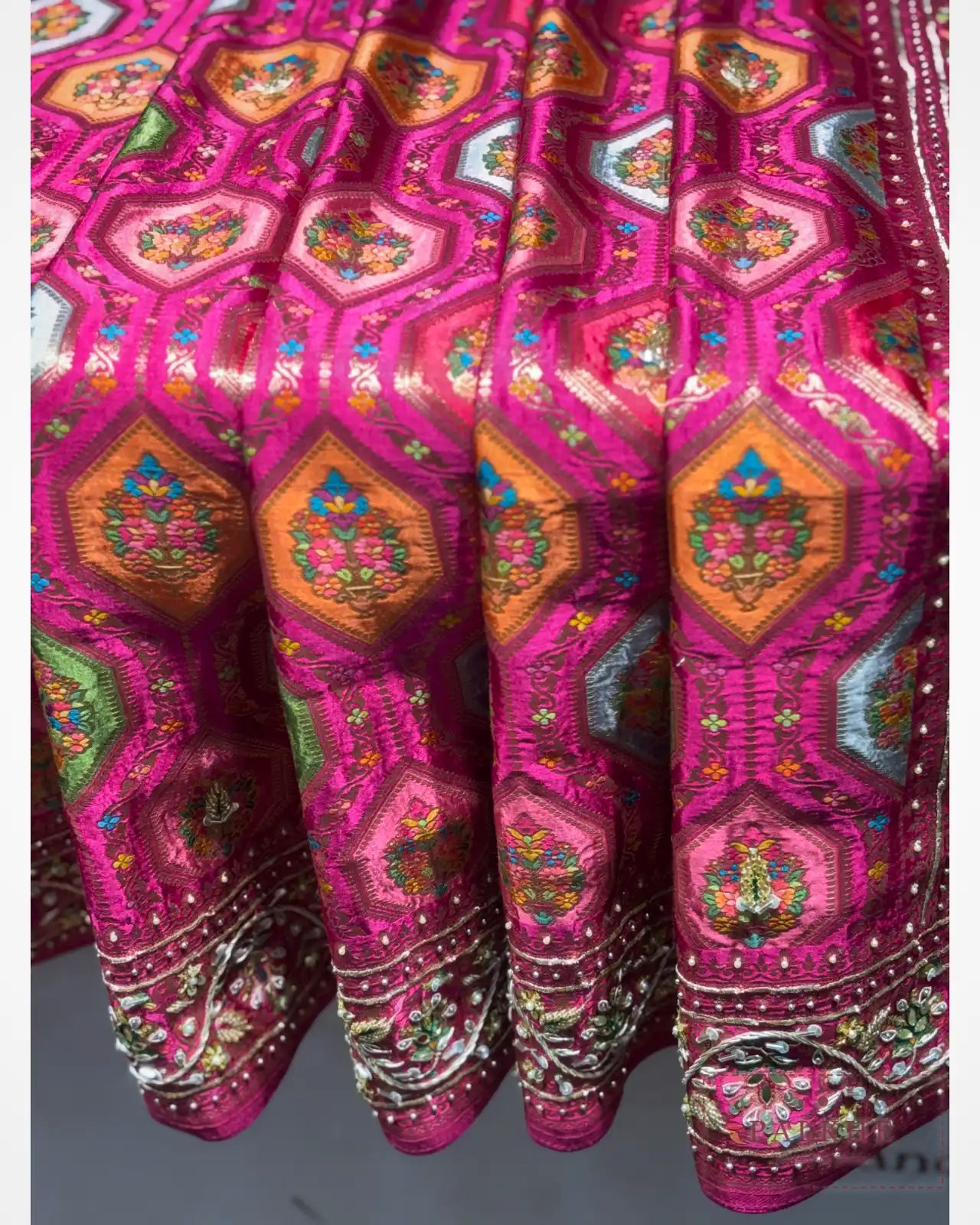 Rani Pink Geometric Gajji Silk Rangkat x Hand Embroidery