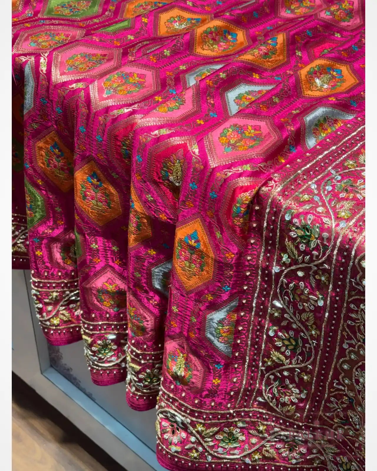 Rani Pink Geometric Gajji Silk Rangkat x Hand Embroidery
