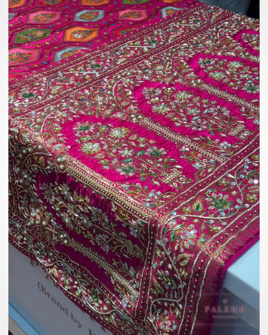 Rani Pink Geometric Gajji Silk Rangkat x Hand Embroidery