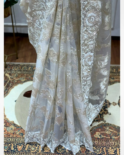 Off White Organza Tissue x Hand Embroidery