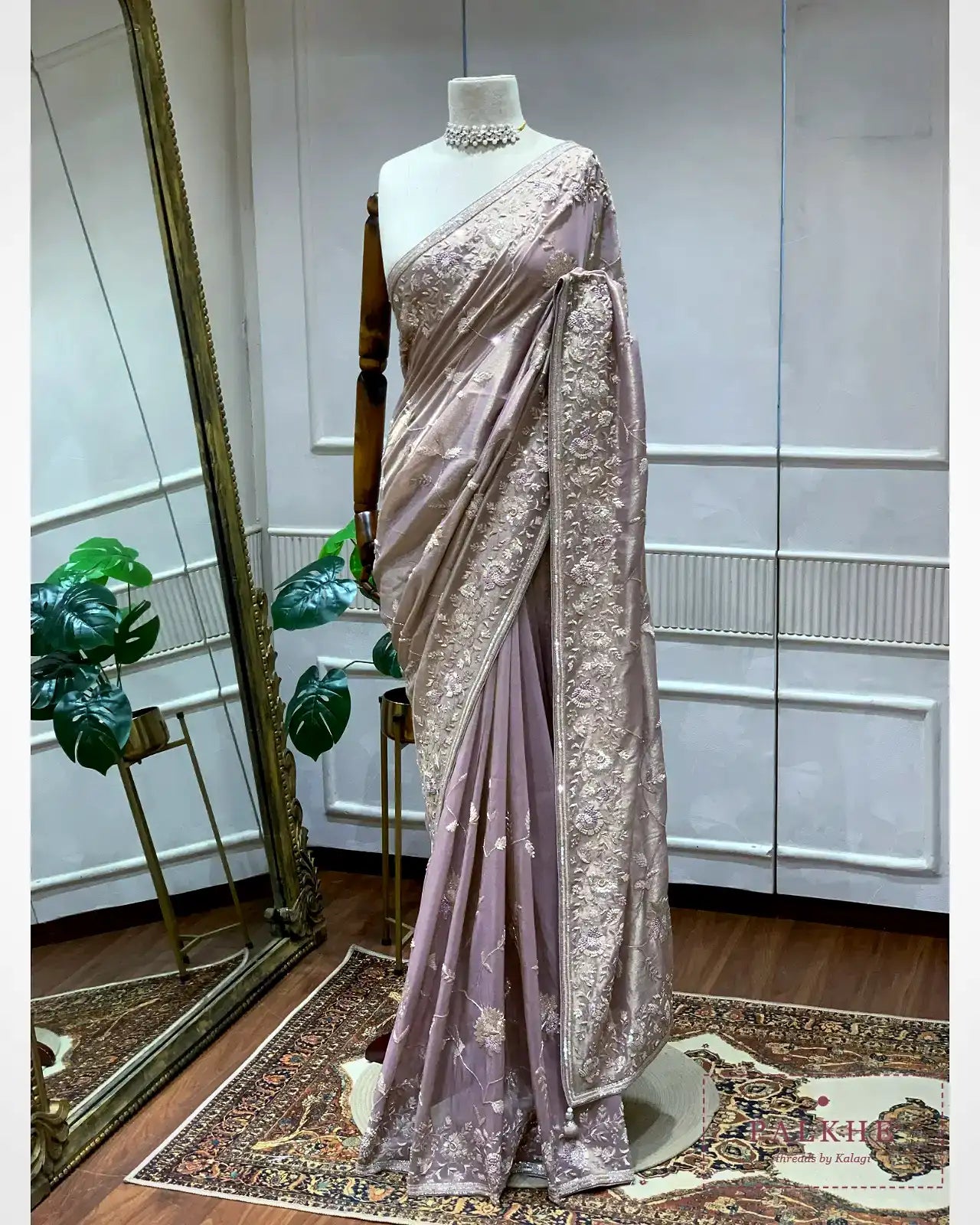 Lavender Floral Jaal Tissue Silk x Hand Embroidery