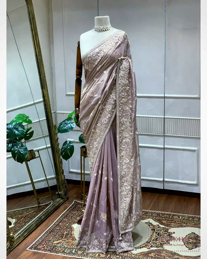Lavender Floral Jaal Tissue Silk x Hand Embroidery