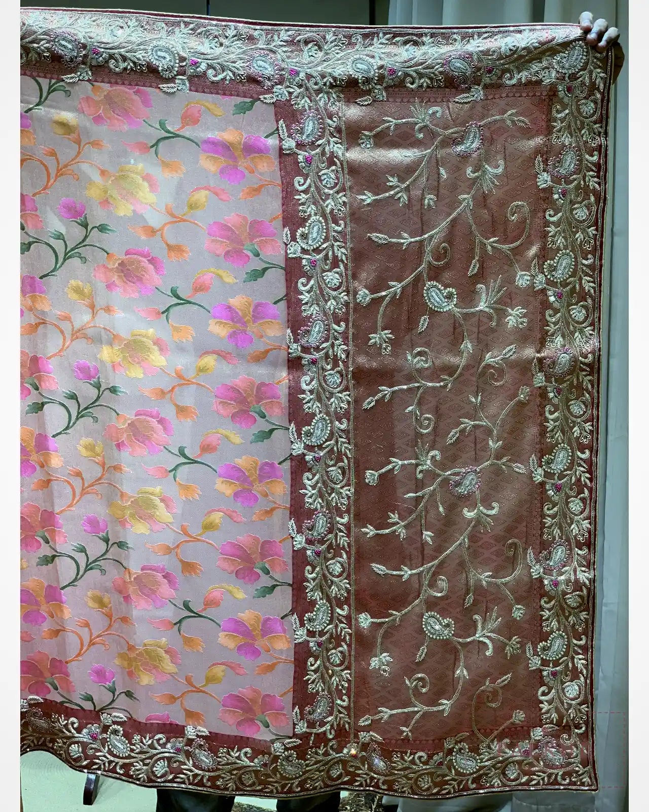 Blush Pink Floral Jaal Silk Tissue x Hand Embroidery
