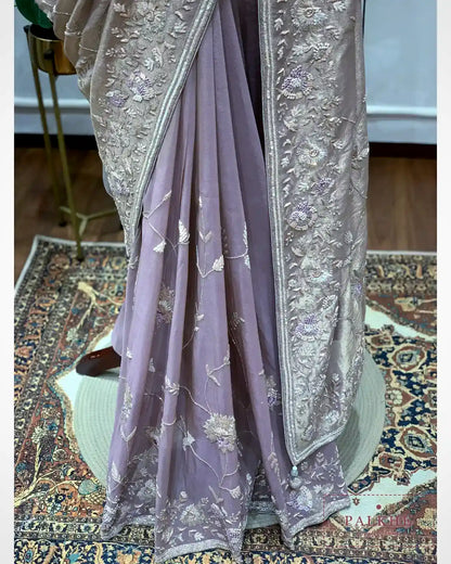 Lavender Floral Jaal Tissue Silk x Hand Embroidery