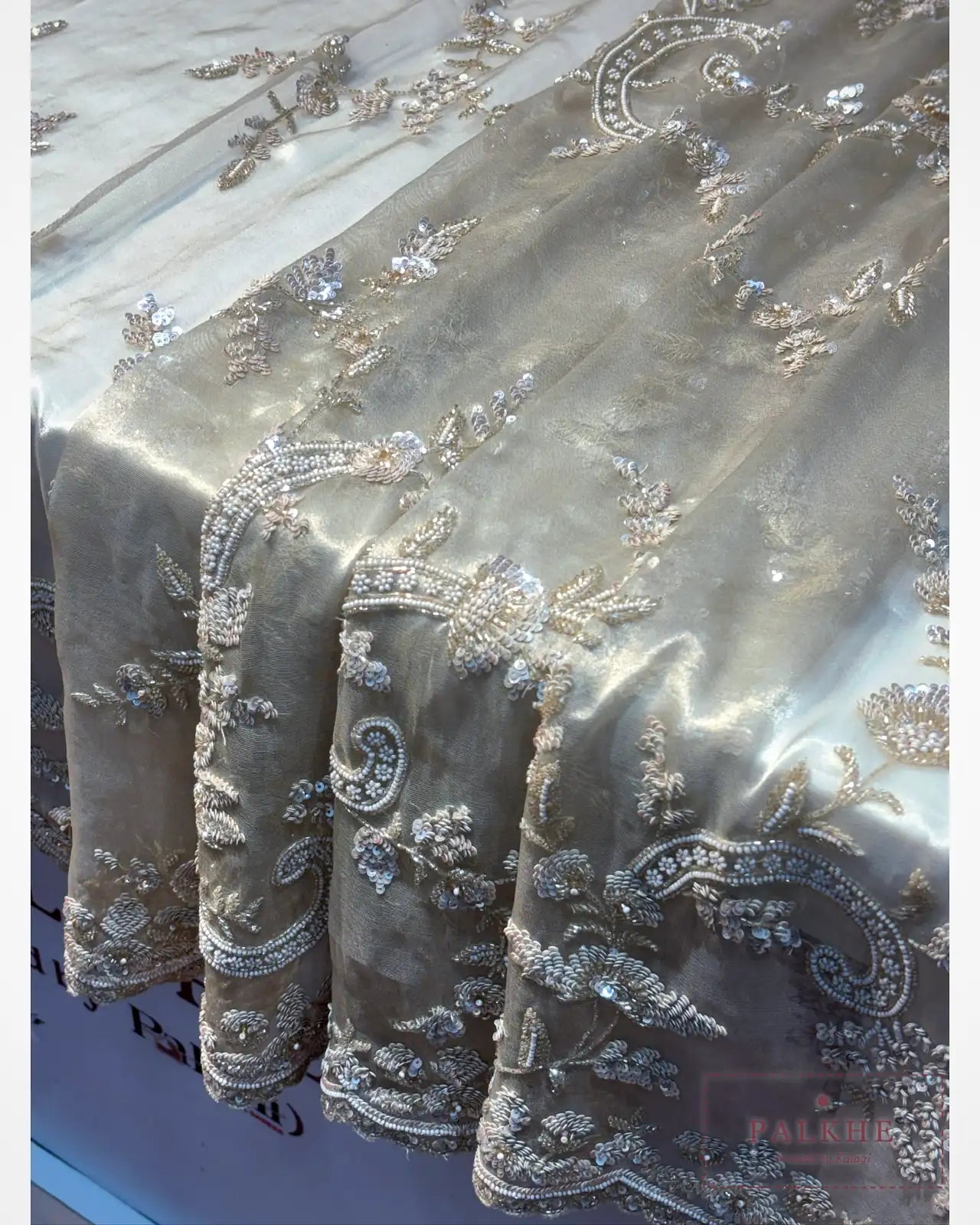 Beige Silk Tissue x Hand Embroidery