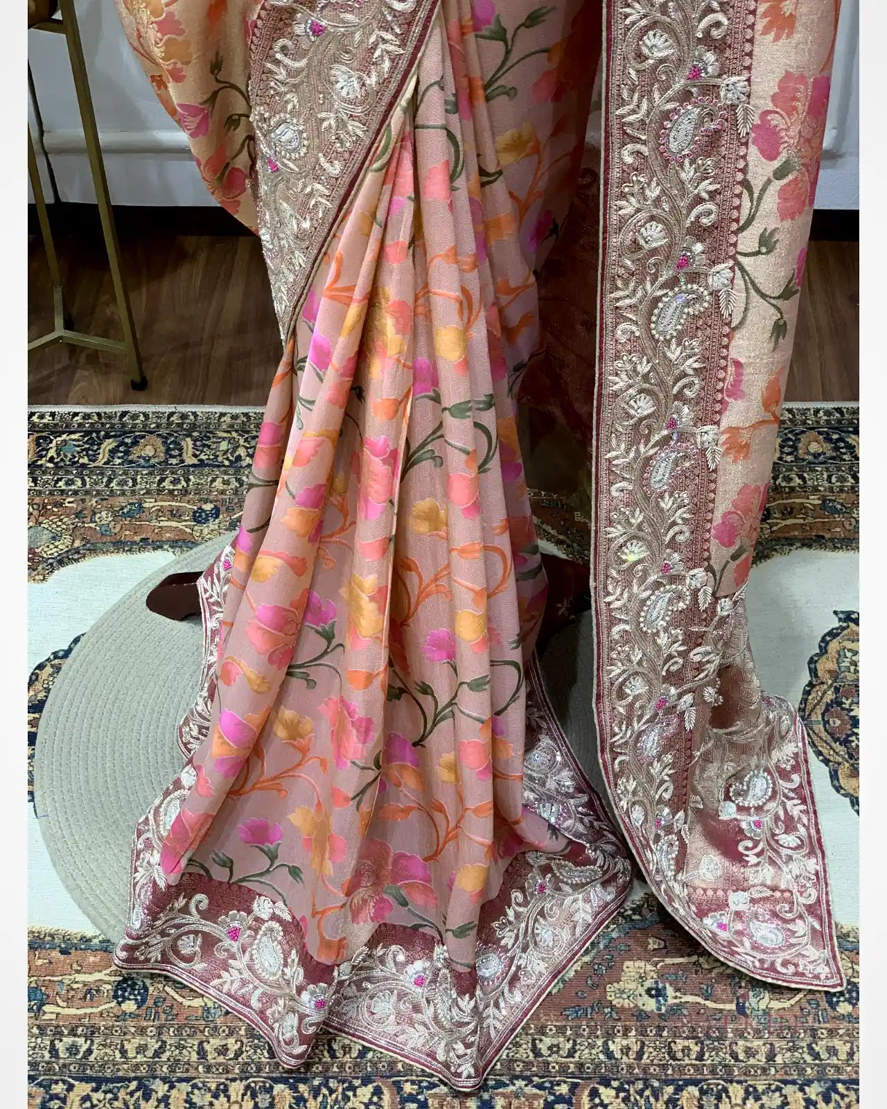 Blush Pink Floral Jaal Silk Tissue x Hand Embroidery