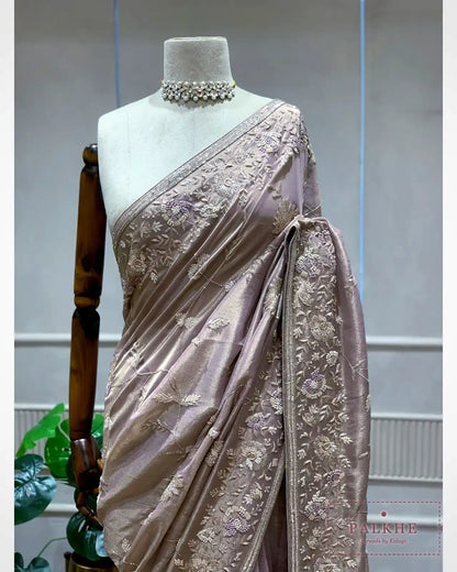Lavender Floral Jaal Tissue Silk x Hand Embroidery