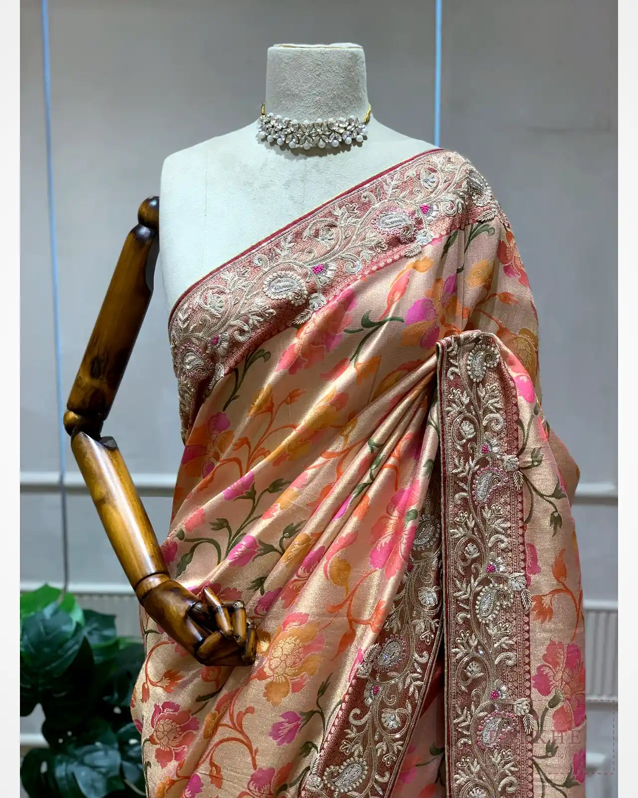Blush Pink Floral Jaal Silk Tissue x Hand Embroidery