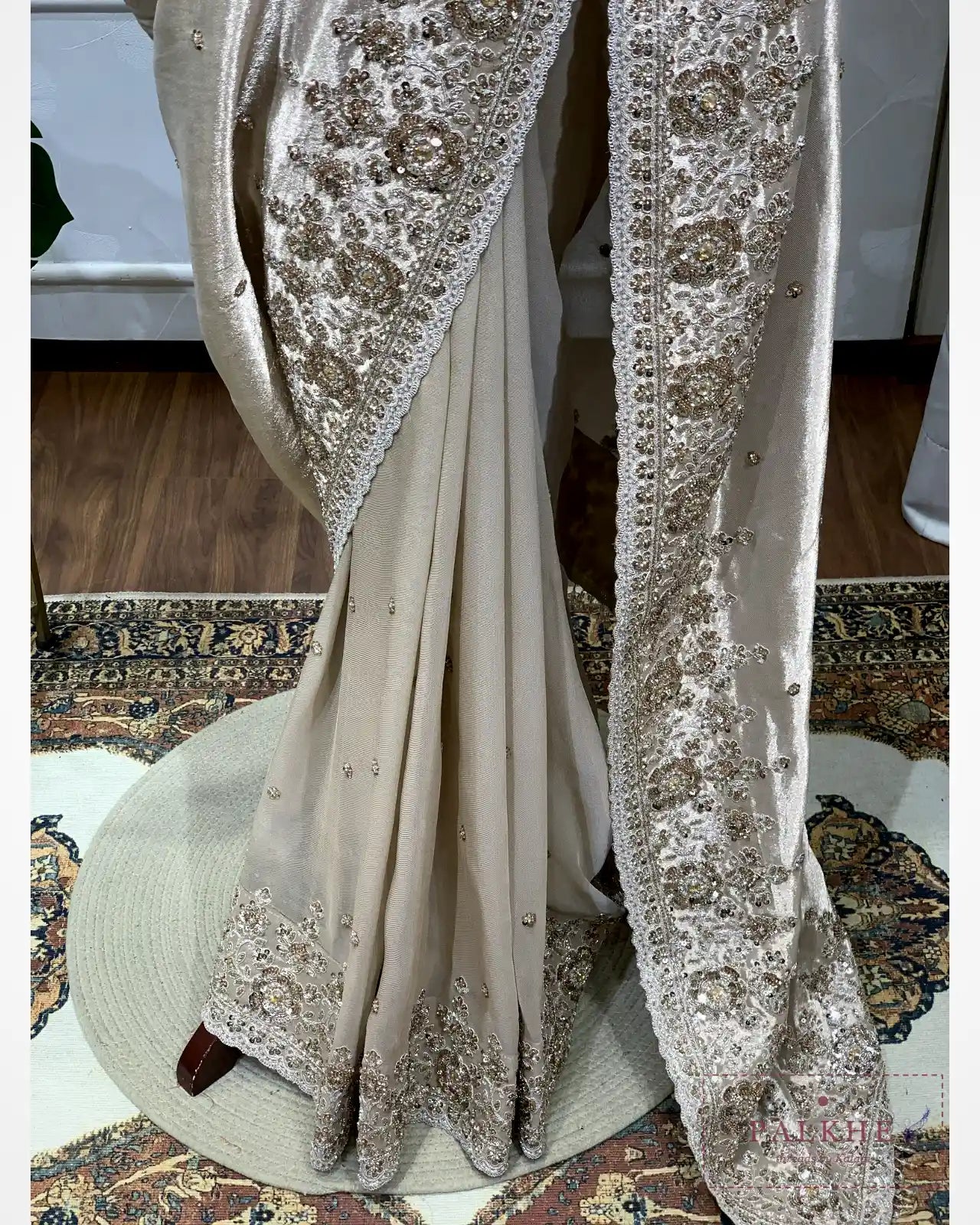 Champagne Beige Pure Silk Tissue x Hand Embroidery
