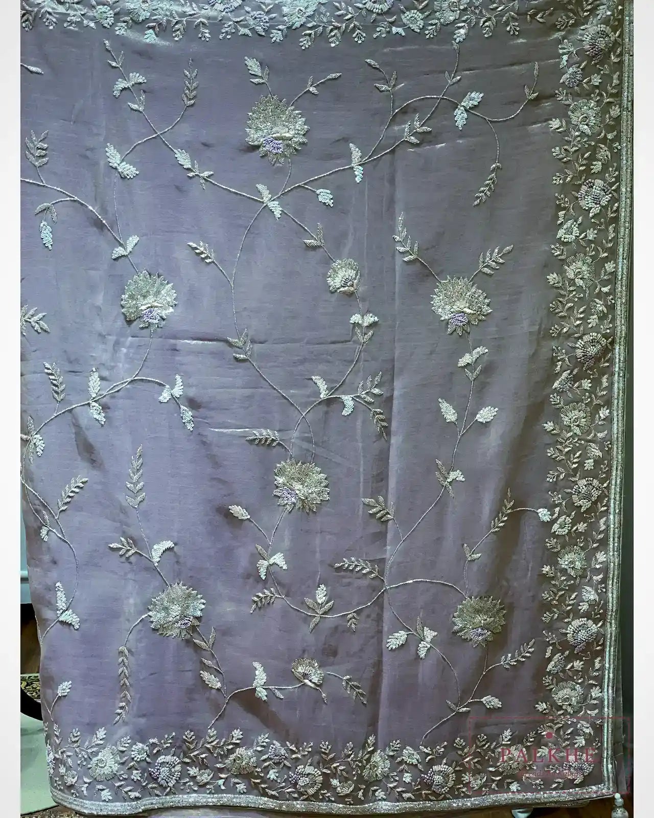 Lavender Floral Jaal Tissue Silk x Hand Embroidery