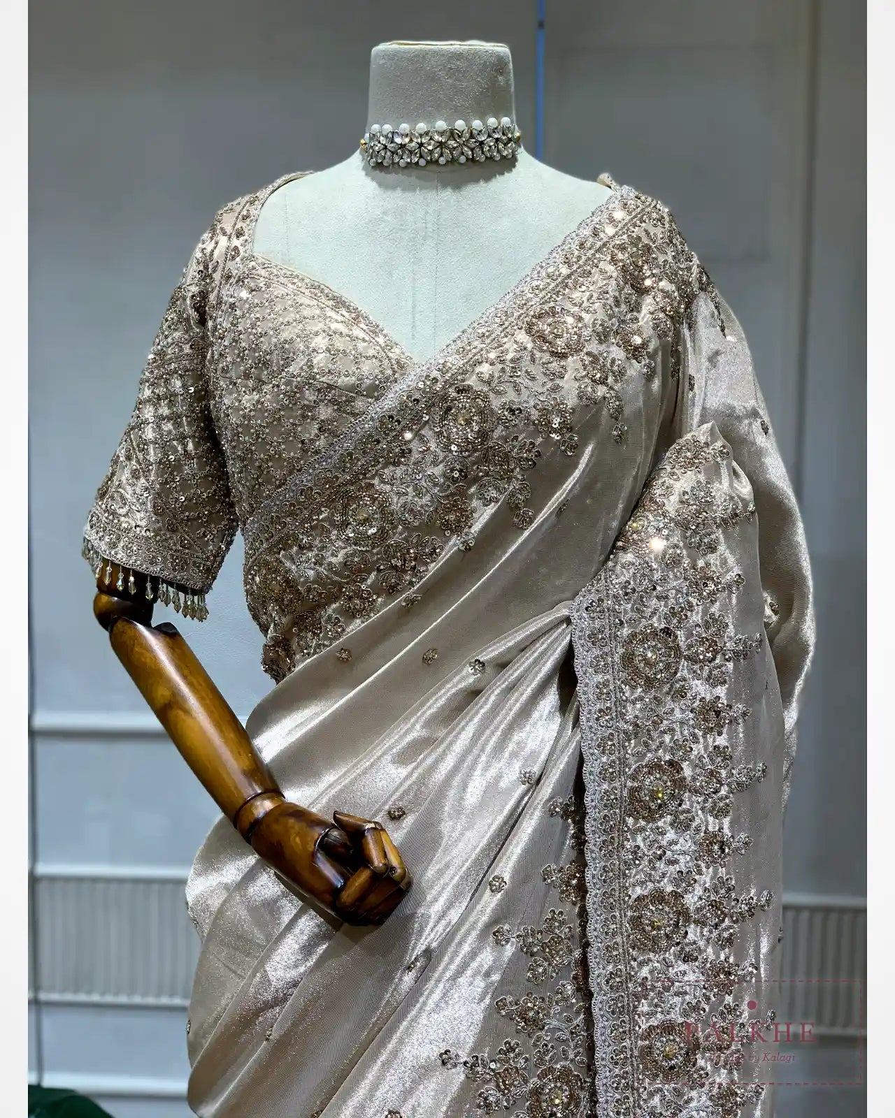 Champagne Beige Pure Silk Tissue x Hand Embroidery