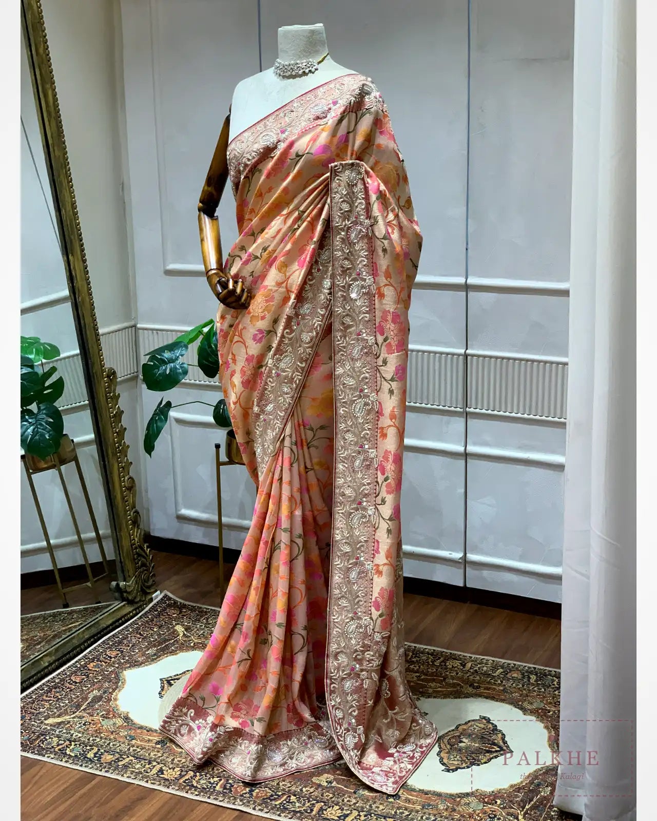 Blush Pink Floral Jaal Silk Tissue x Hand Embroidery