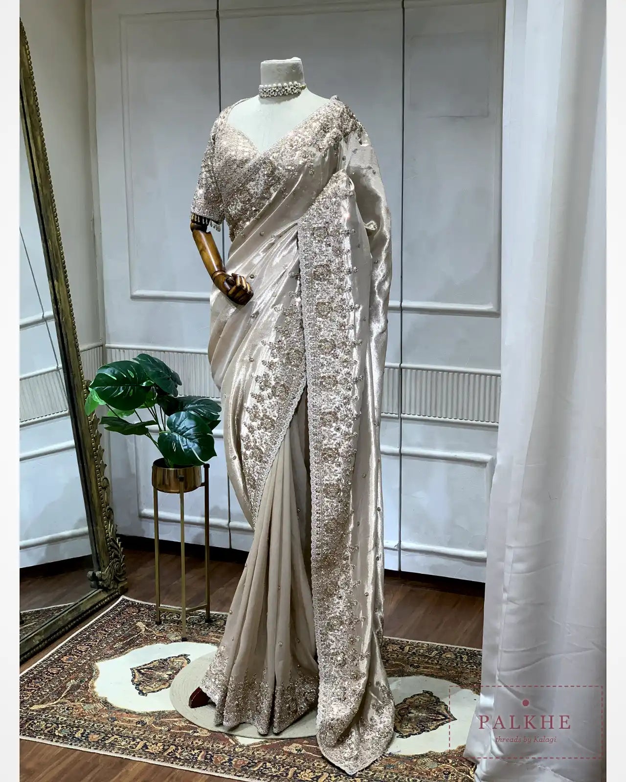 Champagne Beige Pure Silk Tissue x Hand Embroidery