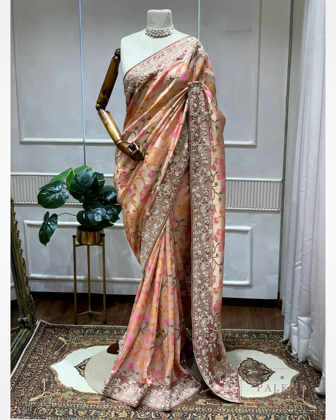 Blush Pink Floral Jaal Silk Tissue x Hand Embroidery